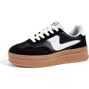 Women Platform BlackWhite Sneaker Thick Sole Suede Leather Low Top Walking Shoes